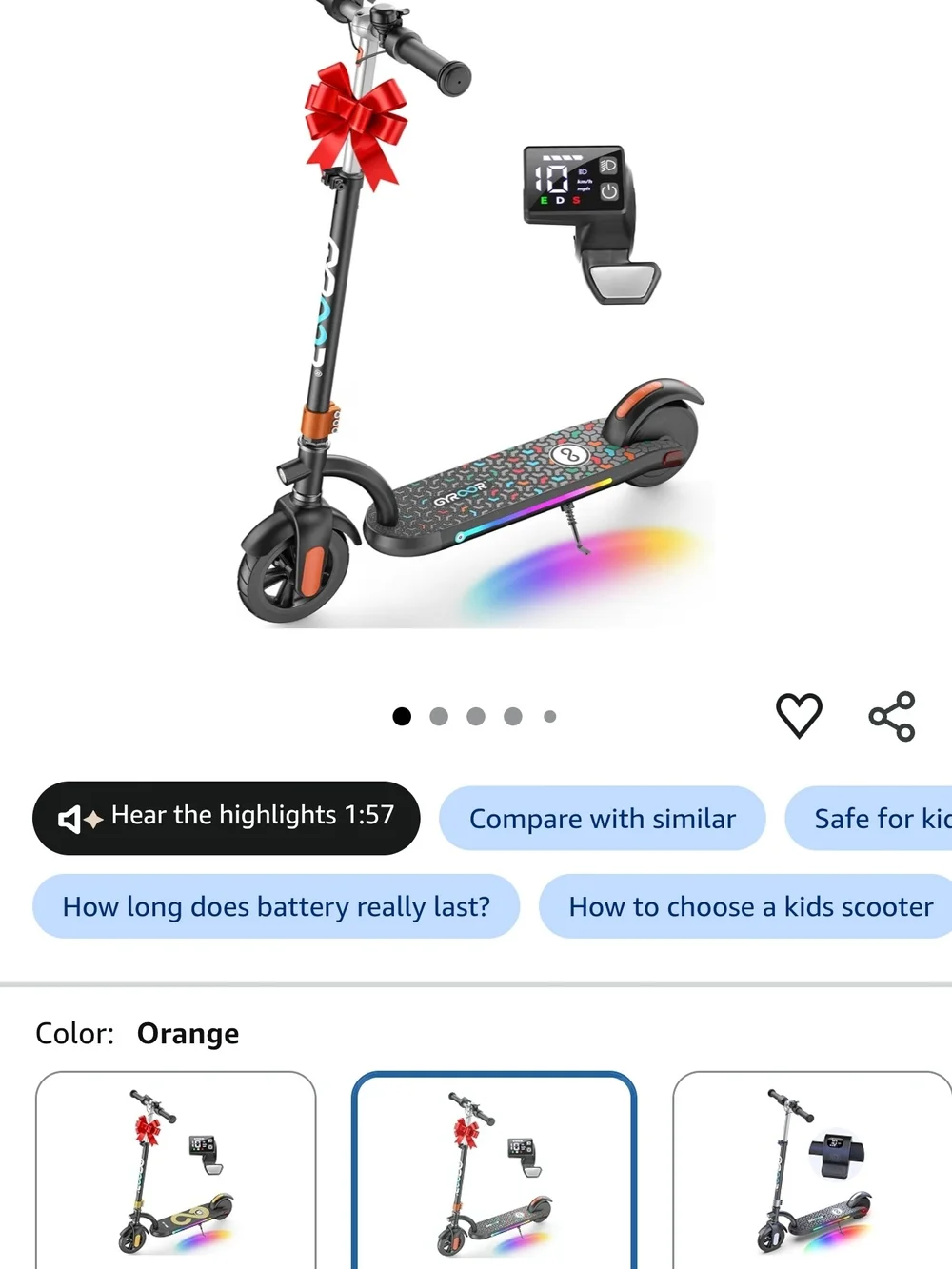 Kids Electric Scooter in Black and Orange - Lightweight Foldable Ride-On